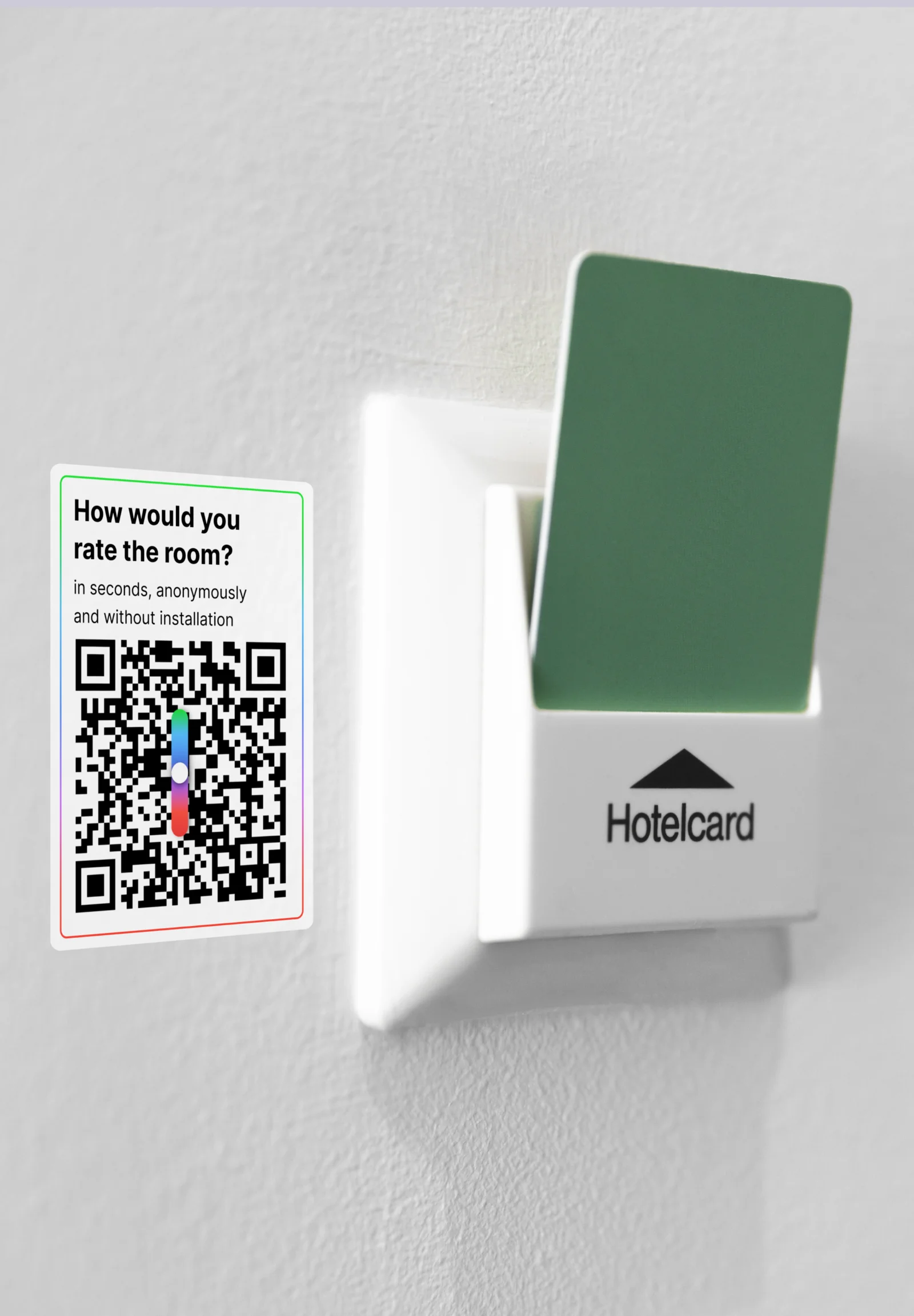 QR feedback code next to hotel room keycard